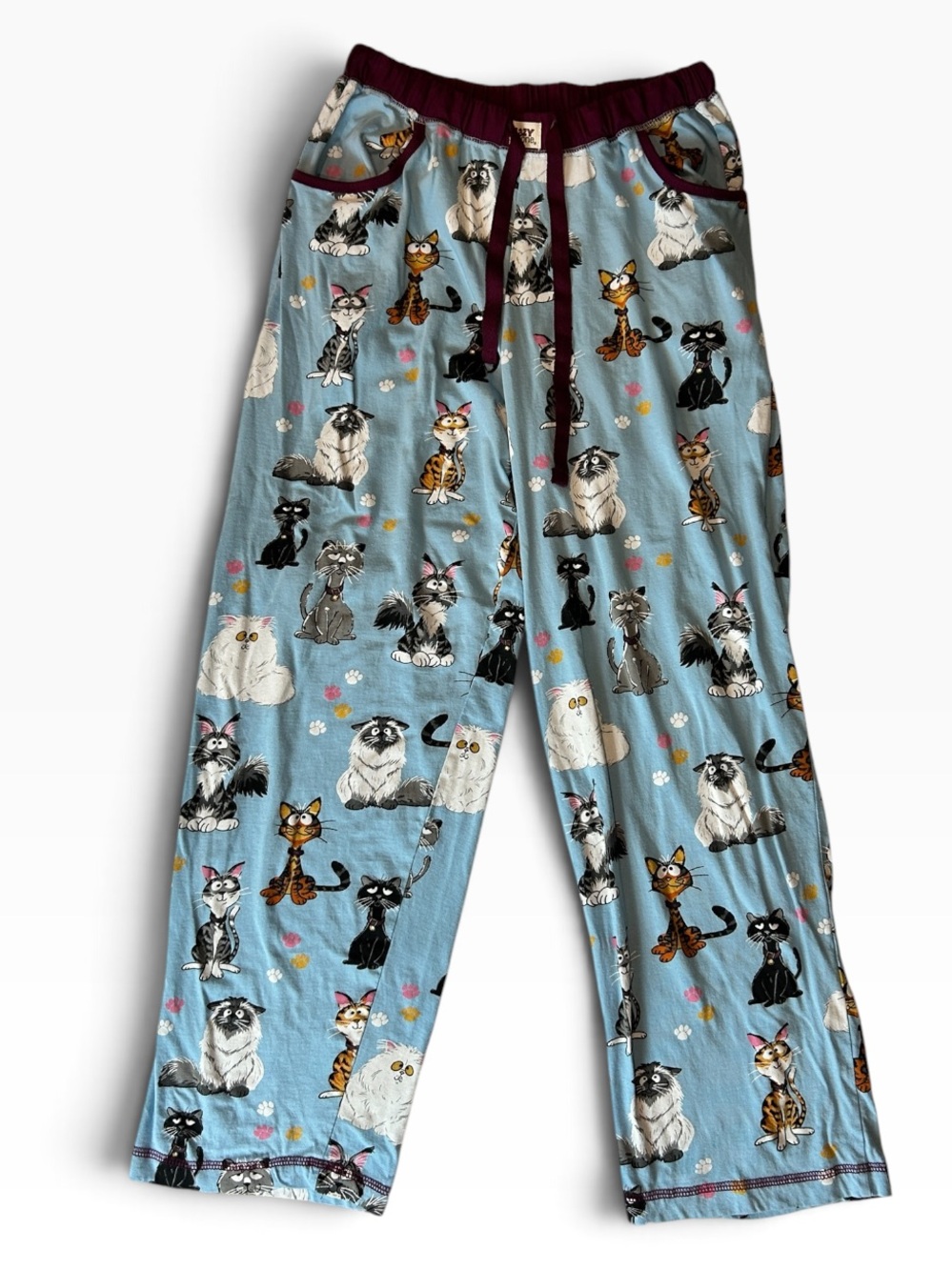 Lazy One Cattitude Pajama Pants Light Blue Cats Print Small Cotton Drawstring